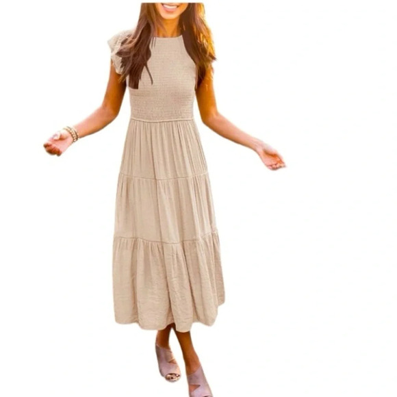 NWT ZESICA Women's Flutter Short Sleeve Smocked Midi Summer Tiered A Line Dress - Picture 3 of 10